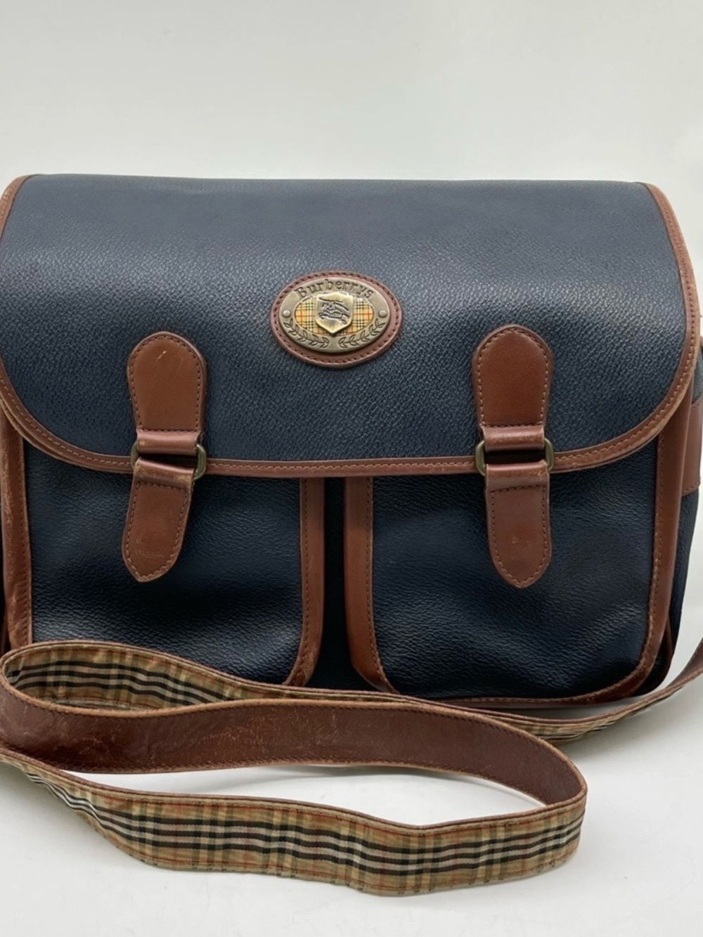 Burberry Navy and Brown Leather Trim Messenger Bag